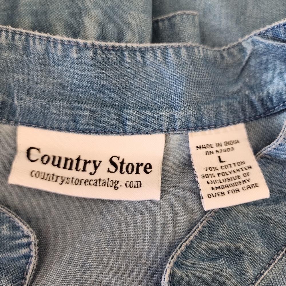 Country Store Denim Embroidered Long Roll Tab Sleeve Mocked V- Neck Size L - Picture 5 of 5